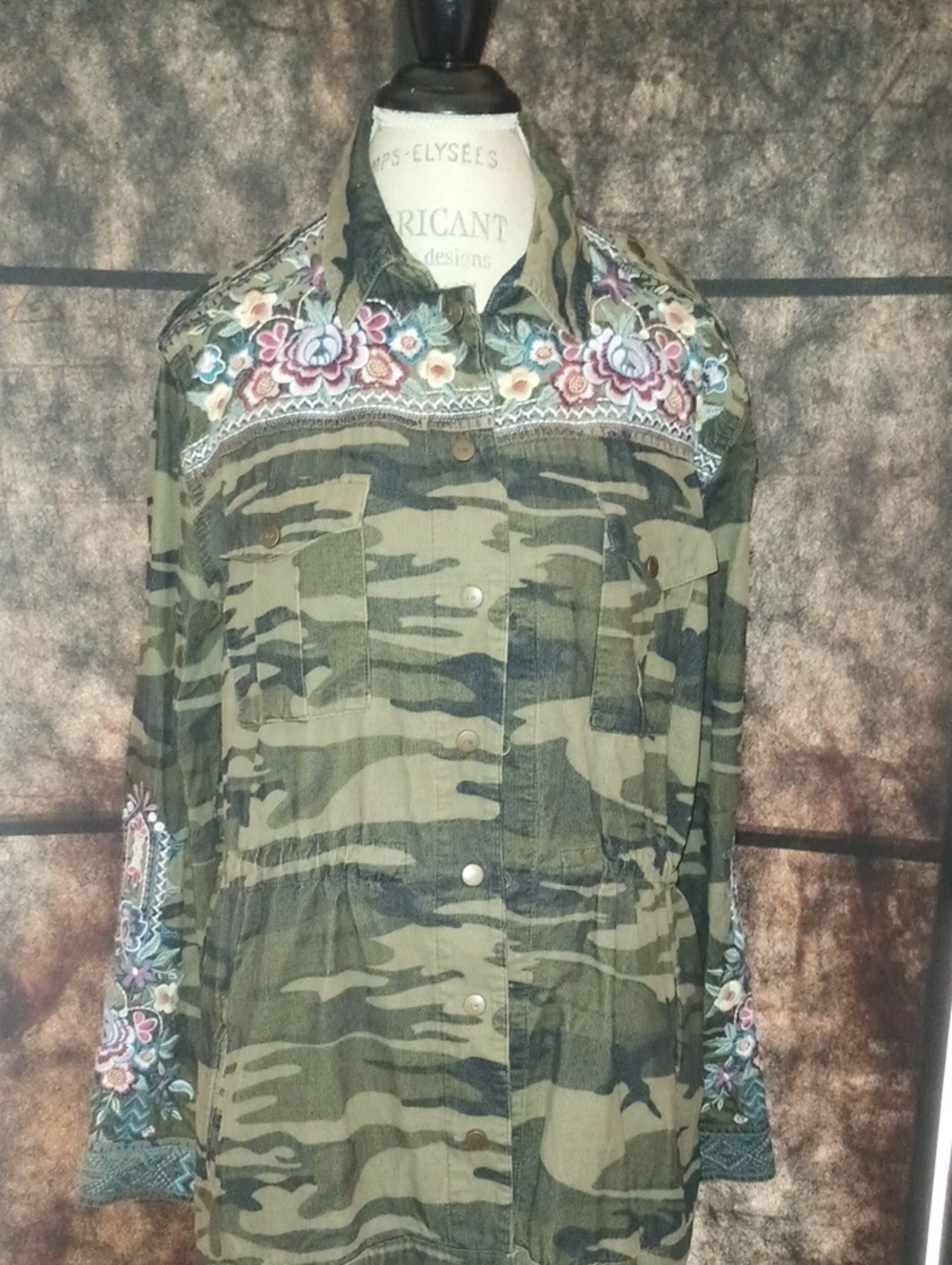 Johnny Was Olive Green Camo Embroidered Utility Jacket
